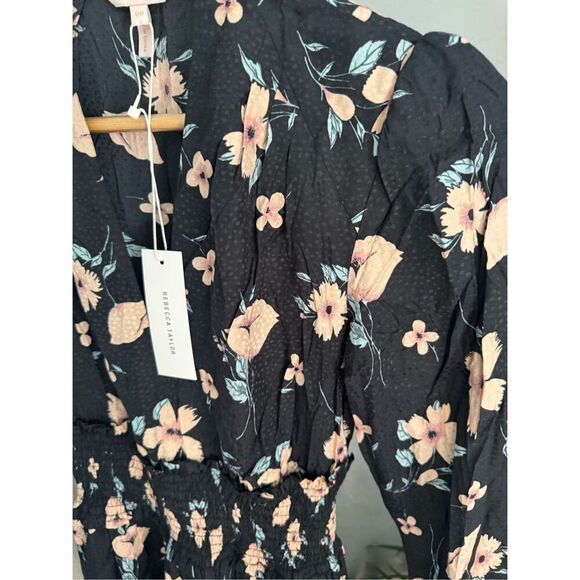 Rebecca Taylor Dress 00 Daniella Black Pink Floral Print Women’s Silk NWT - Picture 3 of 8